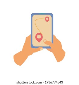 Hands hold phone with map on screen Flat vector illustration on white background
