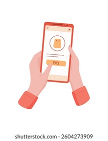 Hands hold a phone with a payment app. A mobile device displays an online shopping application. This image shows customer using touchscreen to buy products, flat style, e concept.