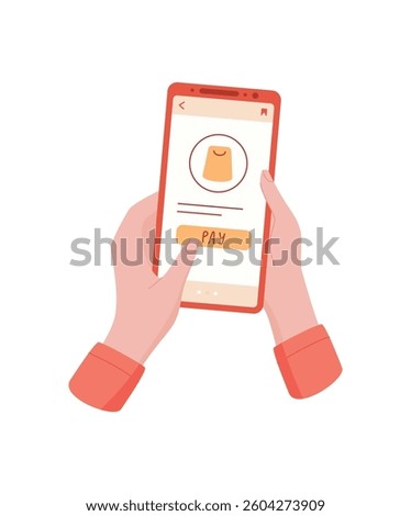 Hands hold a phone with a payment app. A mobile device displays an online shopping application. This image shows customer using touchscreen to buy products, flat style, e concept.