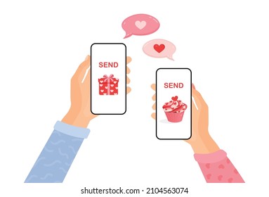 Hands hold the phone and send each other a love message for valentine's day. Vector flat cartoon illustration for advertising, websites, banners, infographic design.