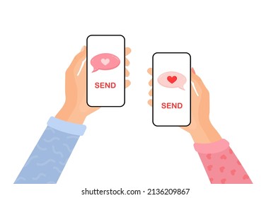 Hands hold the phone and send each other a love message for valentine's day. Vector flat cartoon illustration for advertising, websites, banners, infographic design.