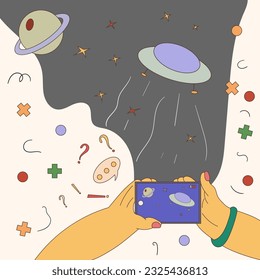 hands hold the phone and take a video of a UFO flying at night in space, a flat color contour drawing in the corporate Memphis style