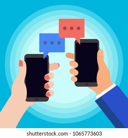 Hands hold phones and chat sms messages notification popped above the screen vector illustration, flat design style man, woman chatting to each other. Symbol of conversation and chat bubbles concept