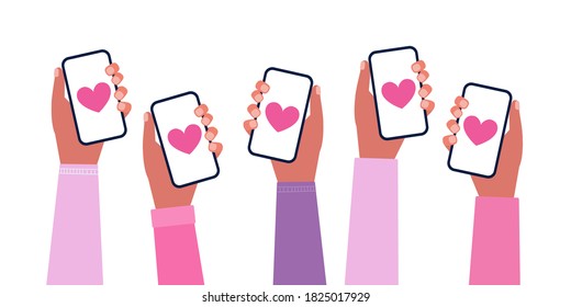 Hands hold phones with hearts on the screen. Illustration for Valentine's day.
Colorful flat vector illustration
