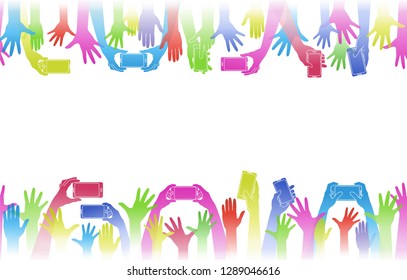 Hands up hold phones. Horizontal banner. Decoration background  from rainbow raised hands.   Festivals, concerts, social and tolerance public communities, volunteering.  Isolation. Vector illustration