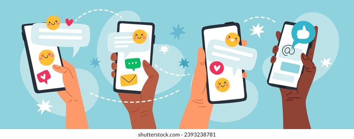 Hands hold phones with messages. Social network communication. Smartphone apps. Online chatting. Happy emojis and hearts. Mobile conversation. Messenger application