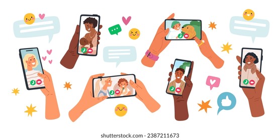 Hands hold phones with video chats. People communicate through messenger apps. Smartphone screens. Devices in arms. Call to family and friends. Distance conversation