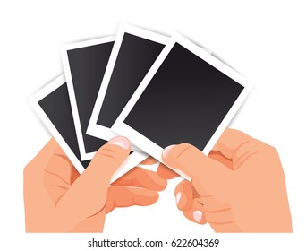Hands hold a lot of photos frame vector illustration, photo card in the hands of a human photographer, cartoon flat style with shadow, card, modern, design, isolated on white background