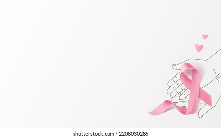 Hands Hold Pink  Breast Cancer Awareness Ribbon. Vector illustration