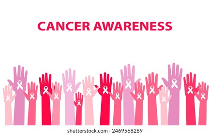 Hands Hold Pink Breast Cancer Awareness Ribbon. Vector illustration
