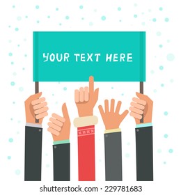 A lot of hands hold a placard. Businessman's hands, gestures, one hand in Santa Claus coat with pointing finger. Vector colorful illustration in flat design style isolated on white