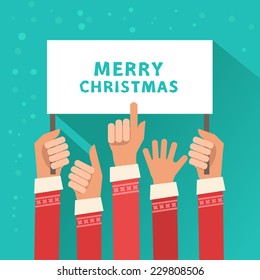 A lot of hands hold a placard with "Merry Christmas" or place for other text. Many Santa Clauses giving advice with pointing finger. Vector colorful illustration in flat design style