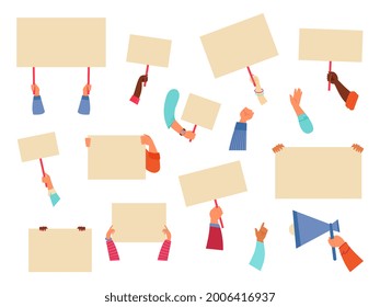 Hands Hold Placards. Hand Sign, Worker With Blank Protest Banner. Peace Symbol, Arm Holding Megaphone. Flat Demonstration Decent Vector Posters