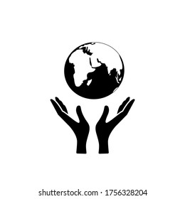 Hands hold the planet earth. A gesture to protect, protect. Vector icon, black silhouette, flat design isolated on white background. Concept: Earth Day, protect the planet, earth, ecology, nature.