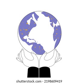 Hands hold the planet earth. Vector illustration in a flat style on the theme of ecology and respect for the planet.
