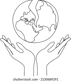 Hands hold the planet. An illustration calling for peace on Earth and in the world. Let's save the world from war, ecological catastrophe. We take care of the planet. Vector illustrate. 