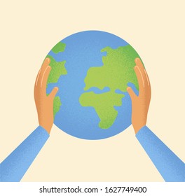 Hands hold planet. Keeping earth in human hands. World environment day. People want to protect the world. Holiday. Holding the globe. Save the palnet. Icon in semi flat style. Vector illustration. 
