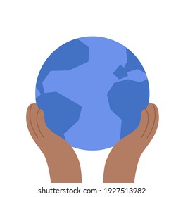 Hands hold planet logo or icon. The concept of clean environment, eco recycling and caring for the Earth. Green energy and ecology simple isolated flat vector illustration. Care, protection of Nature.