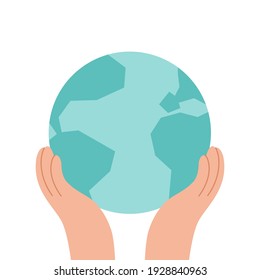 Hands hold planet logo or icon. The concept of clean environment, eco recycling and caring for the Earth. Green energy and ecology simple isolated flat vector illustration. Care, protection of Nature.