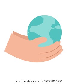 Hands hold planet logo or icon. The concept of clean environment, eco recycling and caring for the Earth. Green energy and ecology simple isolated flat vector illustration. Care, protection of Nature.