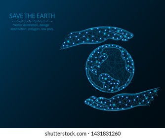 Hands hold the planet low poly design, save the earth in polygonal style, protect the environment vector illustration on dark blue background
