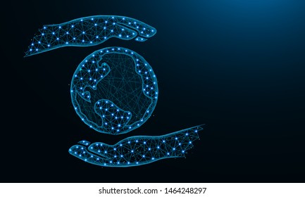 Hands hold the planet low poly design, save the earth in polygonal style, protect the environment vector illustration on dark blue background