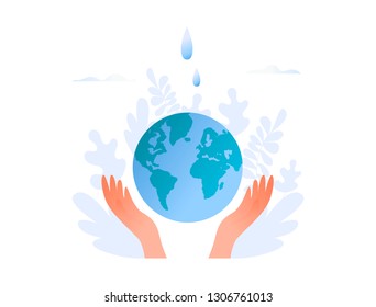 Hands hold planet with water drops - save the planet, Earth Day, save energy concept. Flat vector illustration for web banner, website, presentation