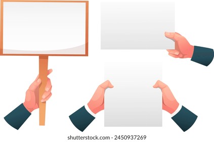 Hands hold posters with white sheets. Stock vector illustration