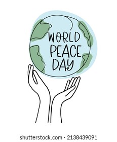 Las manos sostienen y protegen el planeta Tierra. Día Mundial de la Paz. Esbozo de línea dibujada a mano. Símbolo de esperanza, emblema contra la violencia y los conflictos militares. Ilustración del vector