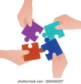 Hands hold puzzle. connection or teamwork concept. vector illustration