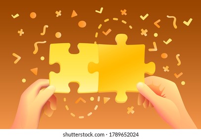 Hands hold puzzle on colored background with many icons. Vector illustration