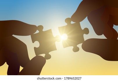 Hands hold a puzzle on a sunny background. Vector illustration