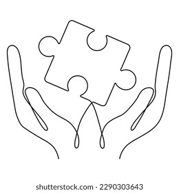 Hands hold puzzle piece continuous line drawing. Vector illustration isolated on white.