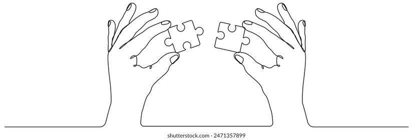 Hands hold puzzle piece continuous line drawing. Teamwork concept. Vector illustration isolated on white.	