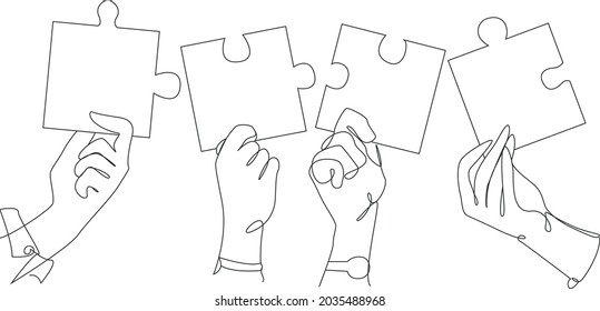 Hands hold the puzzle. Teamwork. Vector line art illustration.