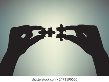 Hands hold puzzles. Vector illustration