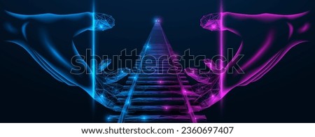 Hands hold the railway track. Polygonal design of lines and dots.