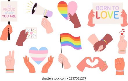 Hands hold rainbow flags, hearts lgbt symbol. Pride trans gay parade elements. Colorful love stickers, groovy decorative patches racy vector clipart