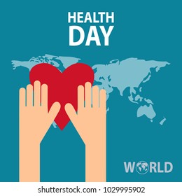 Hands Hold Red Heart Shape Over World Map Health Day Flat Vector Illustration