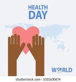 Hands Hold Red Heart Shape Over World Map Health Day Flat Vector Illustration