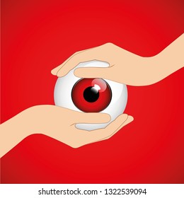 hands hold red irritated eye vector illustration EPS10