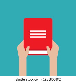 Manos con libros abiertos rojos aislados en azul. Icono de lectura plana. Ilustración vectorial. Educación, estudio, formación avanzada.  Conocimientos, expertos, habilidades