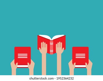 hands hold red open book isolated on blue. Flat reading icon. Vector illustration. Education, study, advanced training.  Knowledge, expert, skills