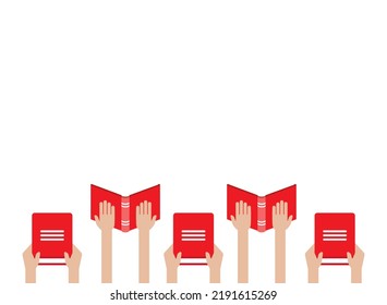 hands hold red open book isolated on blue. Flat reading icon. Vector illustration. Education, study, advanced training.  Knowledge, expert, skills