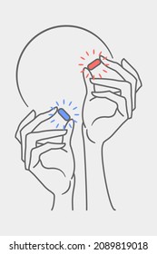 Hands hold red pill and blue pill. Decision making and choice concept. Flat style outline illustration. 