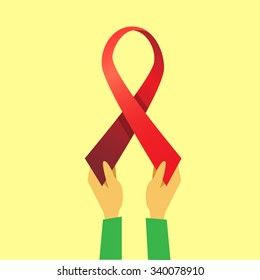 Hands Hold Red Ribbon World AIDS Day Awareness Concept Flat Vector Illustration