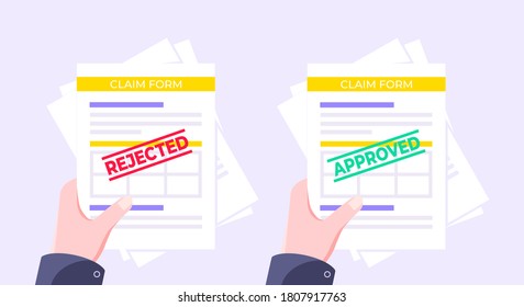 Hands hold rejected and approved claim or credit loan forms, paper sheets and stamps flat style design vector illustration. Verify or deny document, cv resume, insurance application form set.