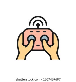 Hands hold remote controller, control panel for drone flat color line icon.