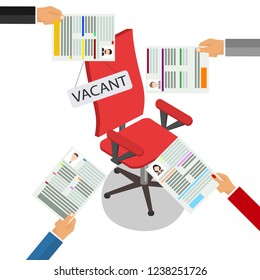 Hands hold resume empty work place. Vacant workplace. Recruitment for a vacant job. Vector illustration.