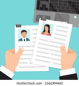 Hands hold resume vector illustration. Cv of candidates in hand of business man, employer. Resumes job recruitment